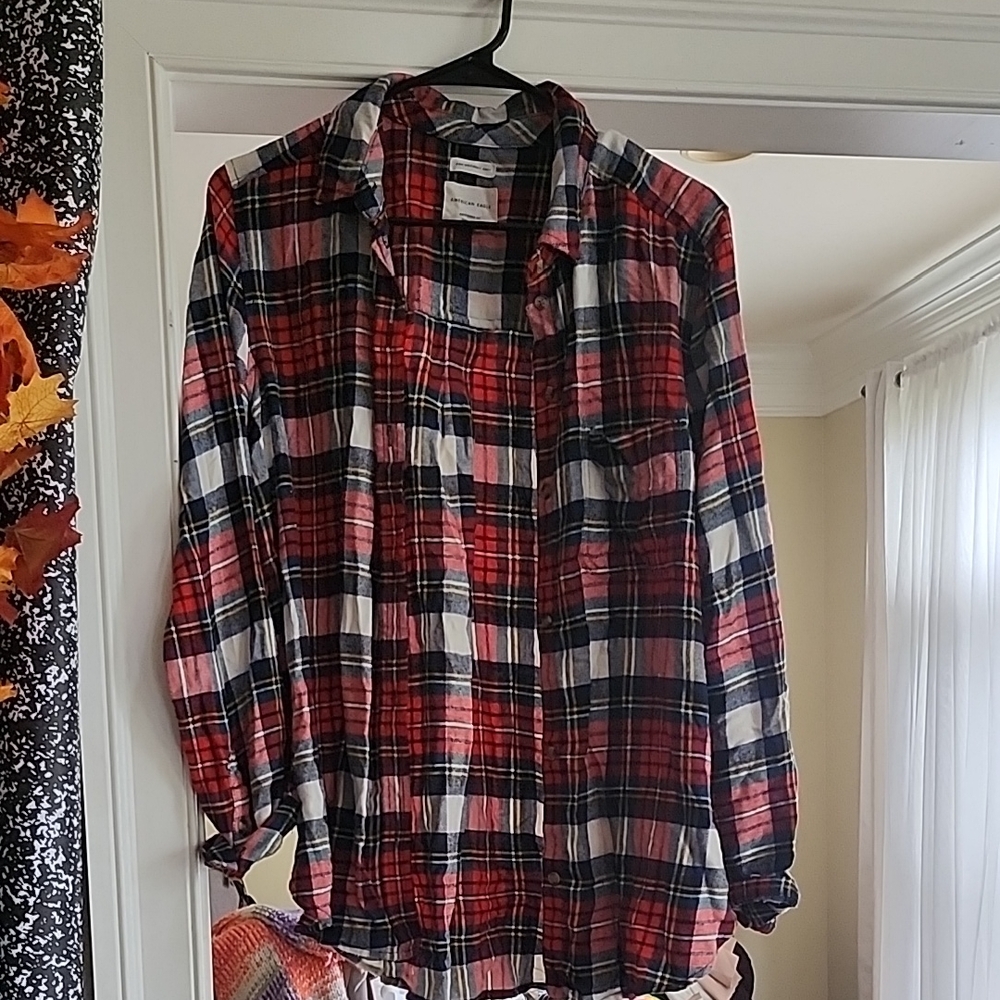 Red and Black Plaid Button-Up Shirt,American Eagle button up, Red and cream, med
